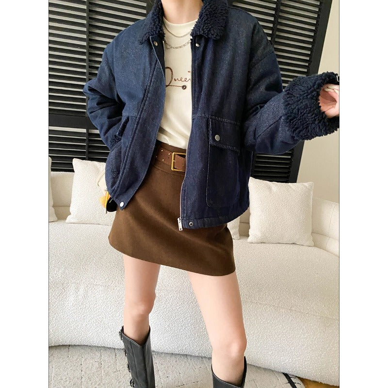 Damen lässige Kurzjacke mit gefüttertem Kragen und praktischen Taschen Drune