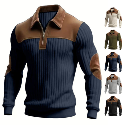 Herren nan gerippter Halbzip-Pullover mit kontrastierenden Lederapplikationen an Schultern und Ellenbogen Drune