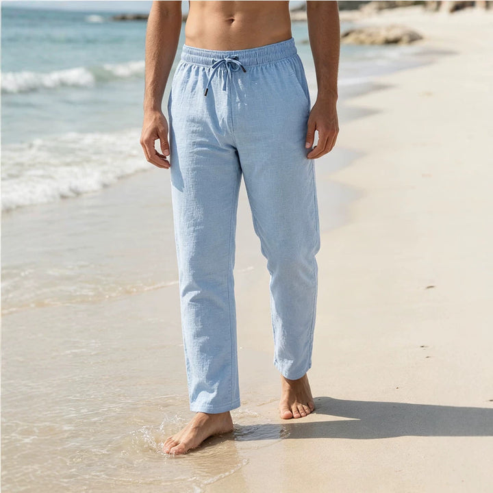 Herren Leichte Leinen-Baumwoll-Hose mit Tunnelzug, elastischem Bund und geradem Schnitt Drune