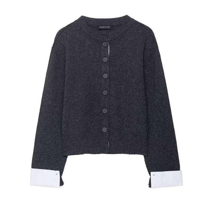 Damen modische Strickjacke mit kontrastierenden Ärmeln und durchgehender Knopfleiste Drune