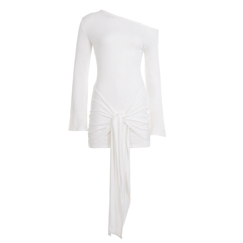 Damen Asymmetrisches One-Shoulder Miniwickelkleid mit Knotenfront und Drapé‑Schleife Drune