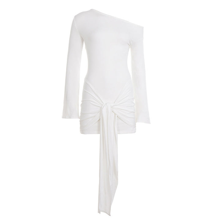 Damen Asymmetrisches One-Shoulder Miniwickelkleid mit Knotenfront und Drapé‑Schleife Drune