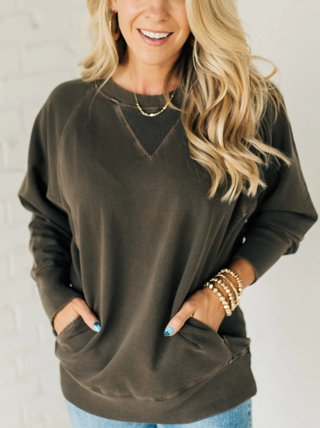 Damen Oversize Baumwoll-Sweatshirt mit V‑Stitch, Rippbündchen und Seitentaschen Drune