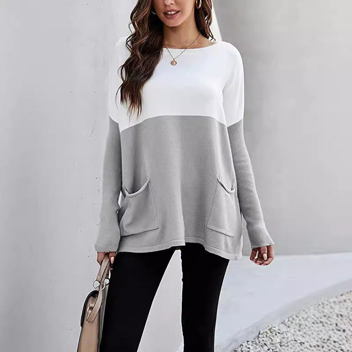Damen Strickpullover mit großen Fronttaschen und kontrastiertem Design Drune