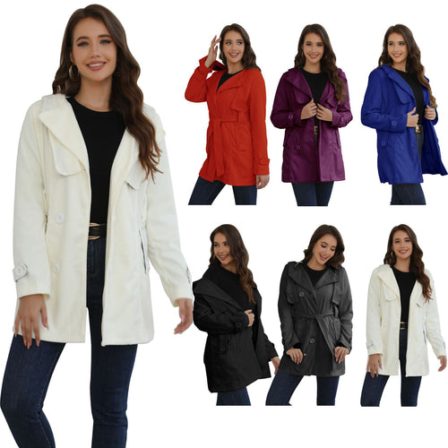 Damen Doppelreihiger Trenchcoat mit Kapuze, Taillengürtel & breitem Revers Drune