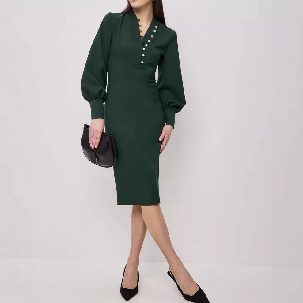 Damen elegantes Kleid mit Puffärmeln und Perlenknopfen Drune