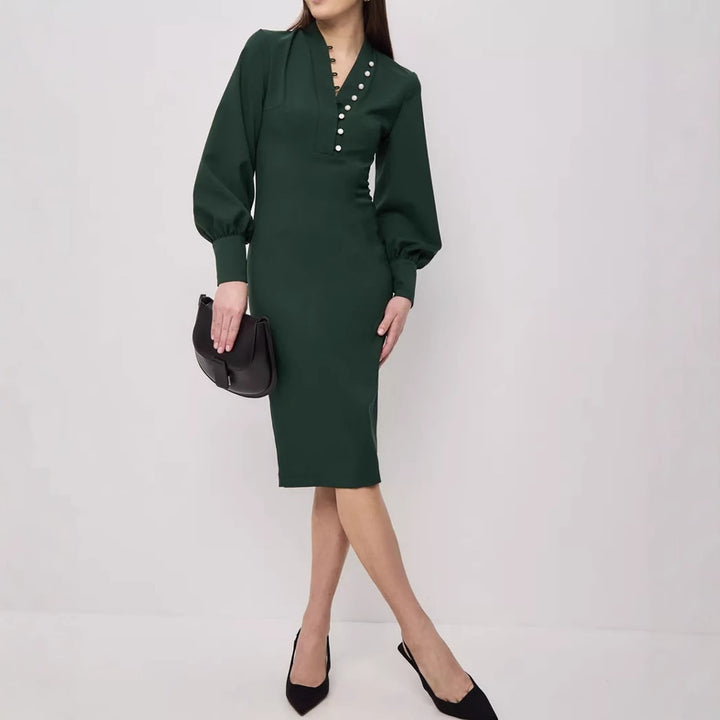 Damen elegantes Kleid mit Puffärmeln und Perlenknopfen Drune