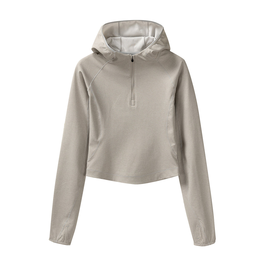 Damen Gekürzter Technical-Hoodie mit Halbzip, Kapuze und Daumenlöchern Drune
