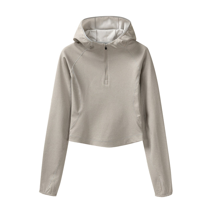 Damen Gekürzter Technical-Hoodie mit Halbzip, Kapuze und Daumenlöchern Drune