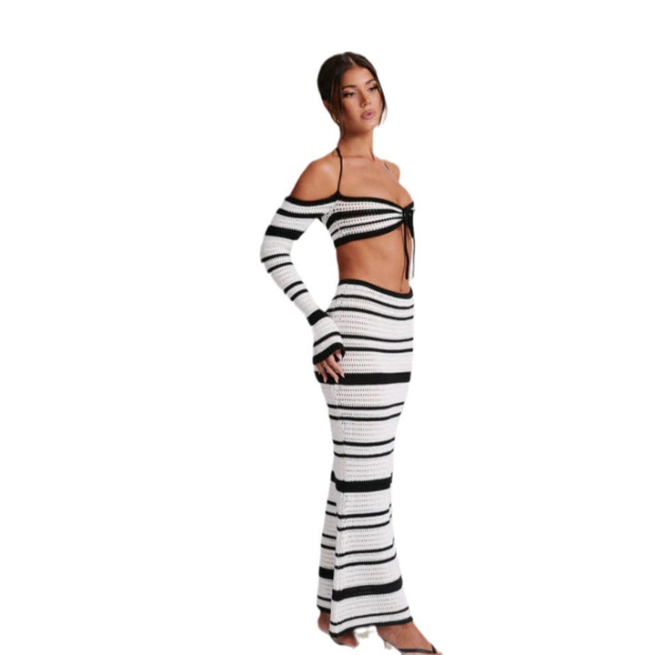 Damen Set aus gestreiftem Crop-Top und Maxi-Rock Drune