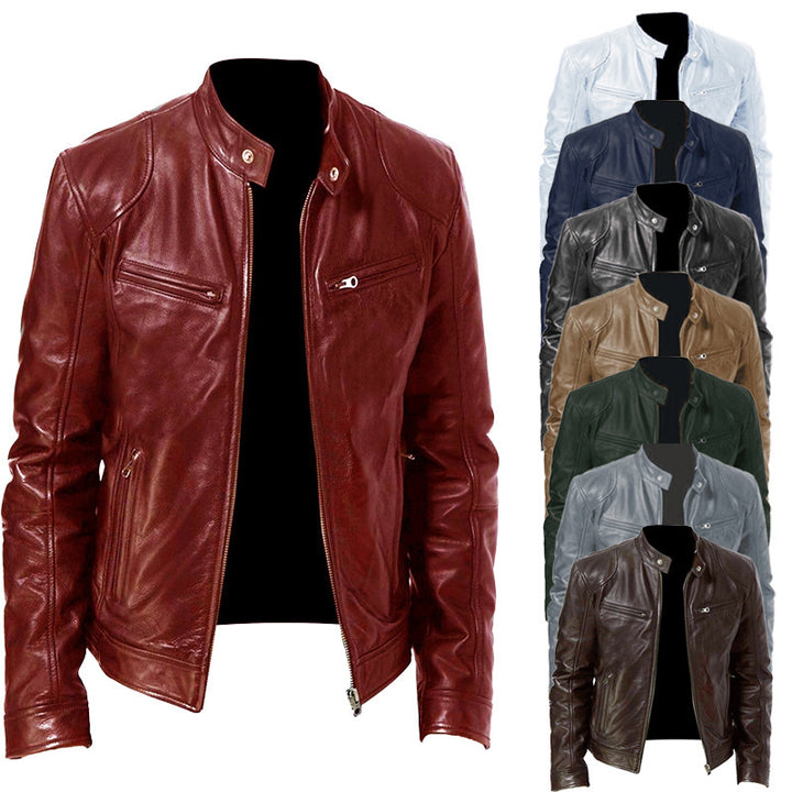 Herren nan schlanke Echtleder-Bikerjacke mit Stehkragen, zwei Brust-Reißverschlusstaschen und geradliniger Silhouette Drune