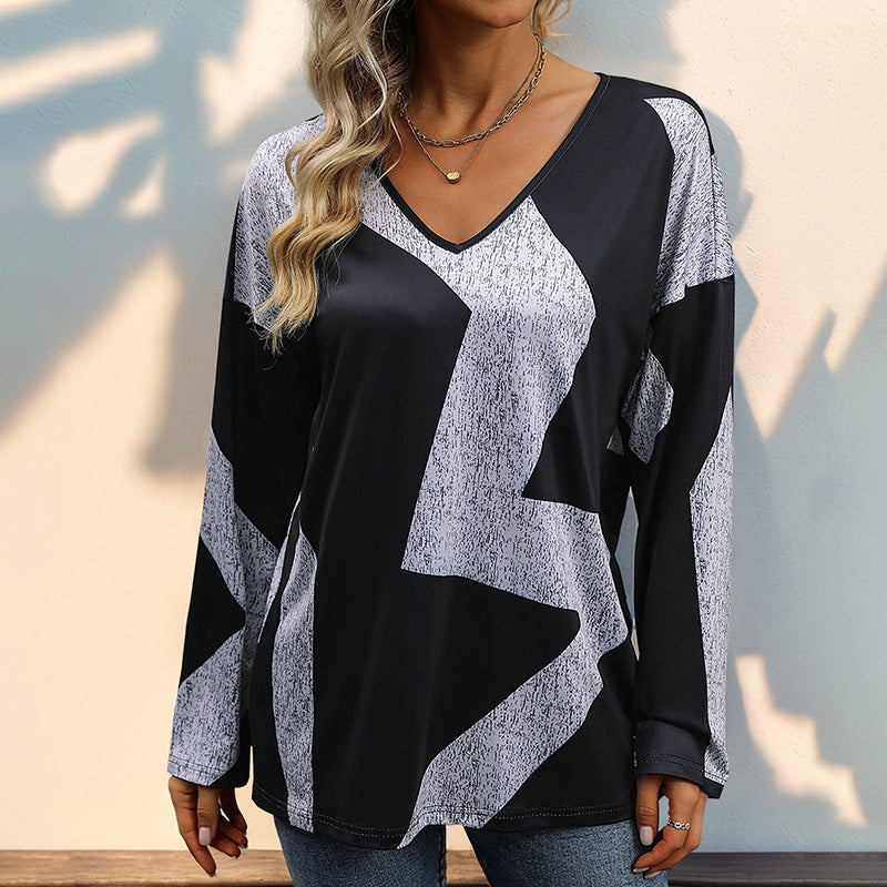 Damen Oversize V-Ausschnitt-Shirt mit abstraktem Grafikprint und leichtem Fall Drune