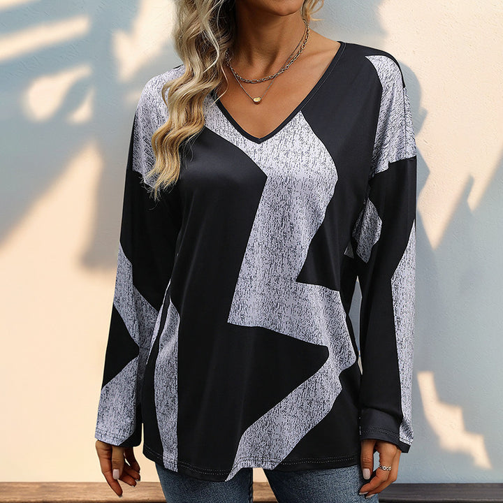 Damen Oversize V-Ausschnitt-Shirt mit abstraktem Grafikprint und leichtem Fall Drune