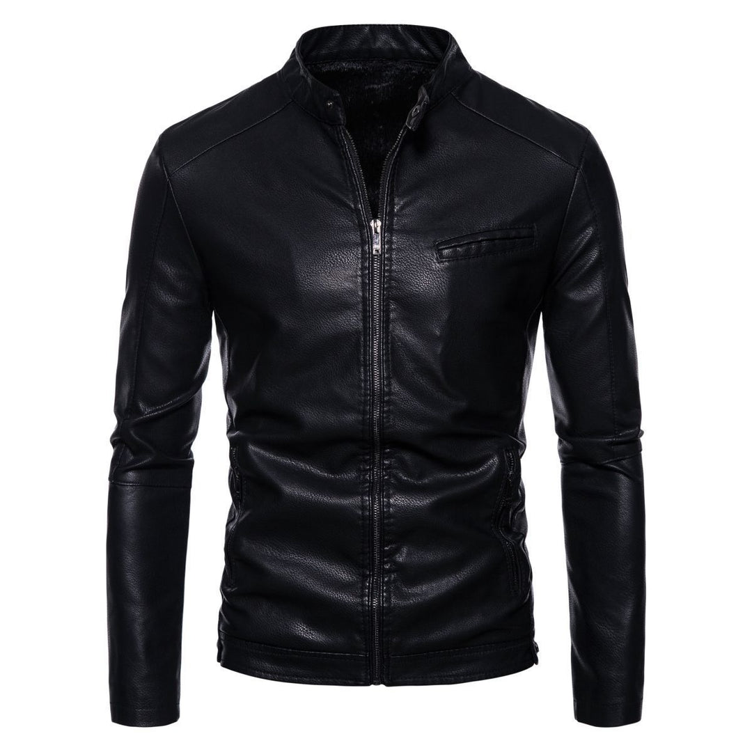 Herren Schmale Kunstleder-Bikerjacke mit Stehkragen, Innenfutter aus Kunstfell und Reißverschlusstaschen Drune