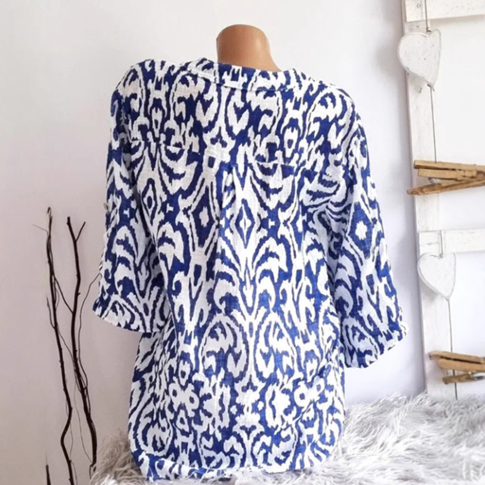 Damen nan locker geschnittene Tunika-Bluse mit Ikat‑Muster, V‑Ausschnitt und Dreiviertelärmeln Drune