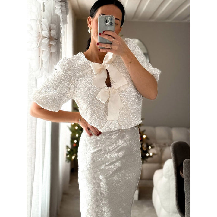Damen Paillettenbluse mit Schleifendetails Drune