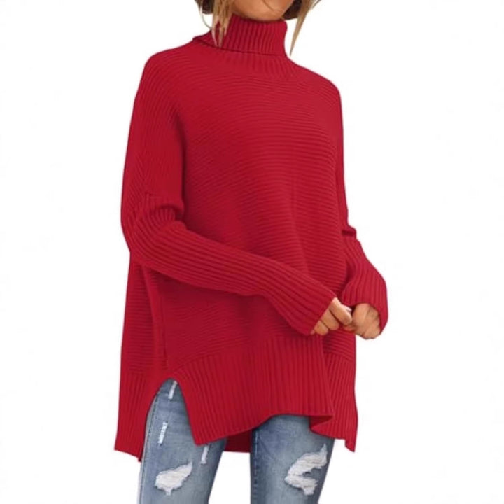 Damen Oversize-Rippenstrick Rollkragenpullover mit Seitenschlitzen und verlängertem Saum Drune