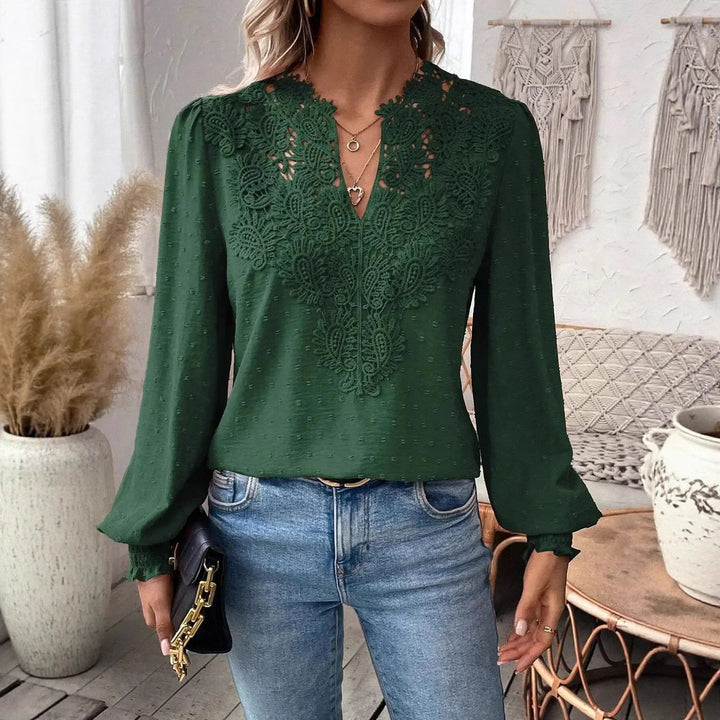 Damen nan Spitzenapplikation V-Ausschnitt Bluse mit Strukturpunkt, gerafften Manschetten und leicht taillierter Silhouette Drune