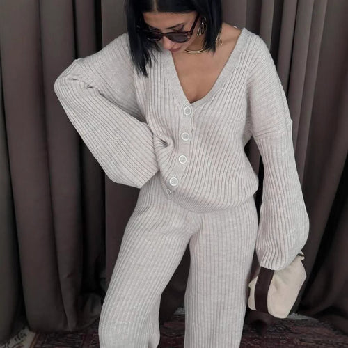 Damen Gerippter Strick‑Zweiteiler mit Oversized‑Cardigan und High‑Waist‑Sweathose Drune
