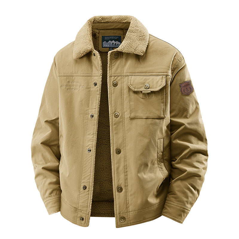 Herren  Fleece gefütterte Arbeitsjacke Truckerjacke mit Sherpa-Kragen Knopfverschluss und Brustklapptasche Drune