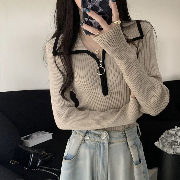 Damen modischer Zip-Pullover mit Rippstruktur Drune