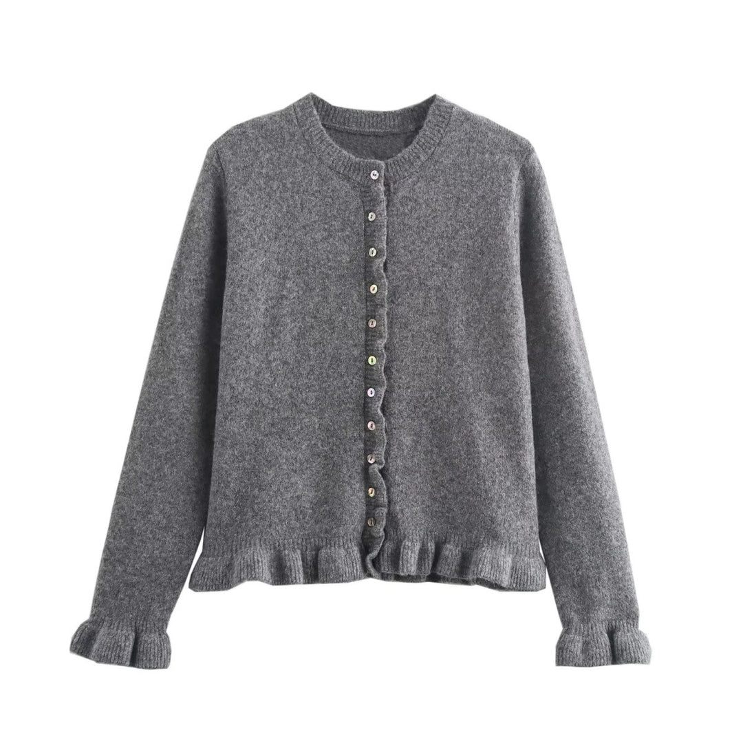 Damen Strickjacke mit dekorativem Rüschensaum und Knopfverschluss Drune