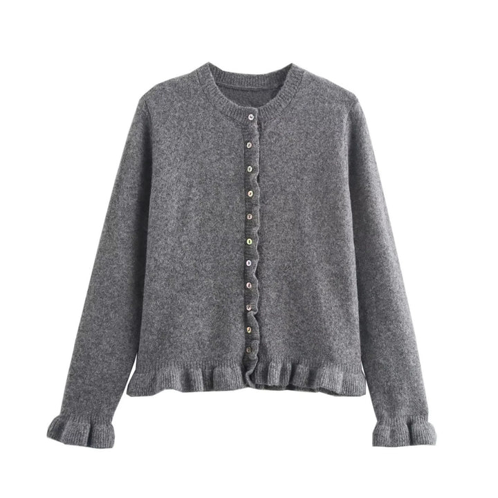 Damen Strickjacke mit dekorativem Rüschensaum und Knopfverschluss Drune