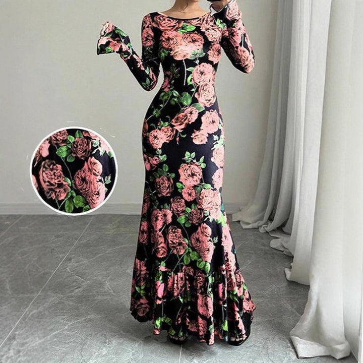 Damen nan eng anliegendes Maxikleid mit Meerjungfrauen-Schnitt, langen Glockenärmeln und Rüschensaum Drune