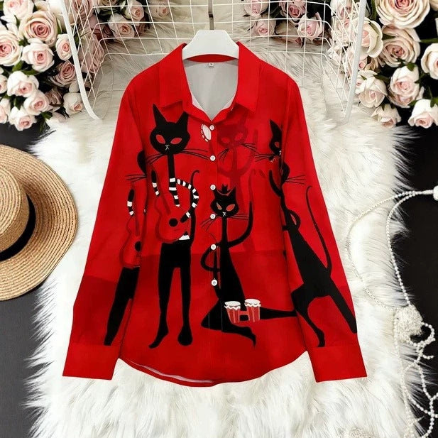 Damen Modische Hemdbluse mit einzigartigem Katzenmotiv Drune