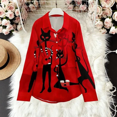 Damen Modische Hemdbluse mit einzigartigem Katzenmotiv Drune