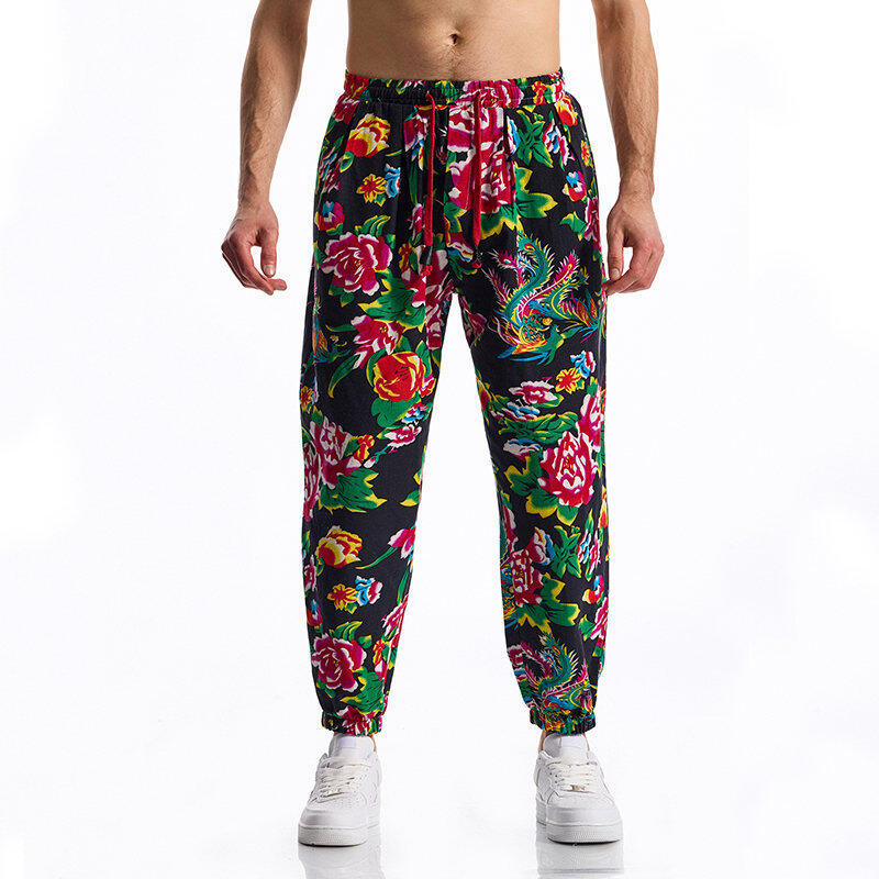 Herren lässige Haremshose mit buntem Blumenmuster und Gummizug Drune
