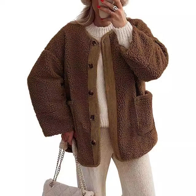 Damen kuschelige Teddyjacke mit farblich abgestimmtem Kragen Drune