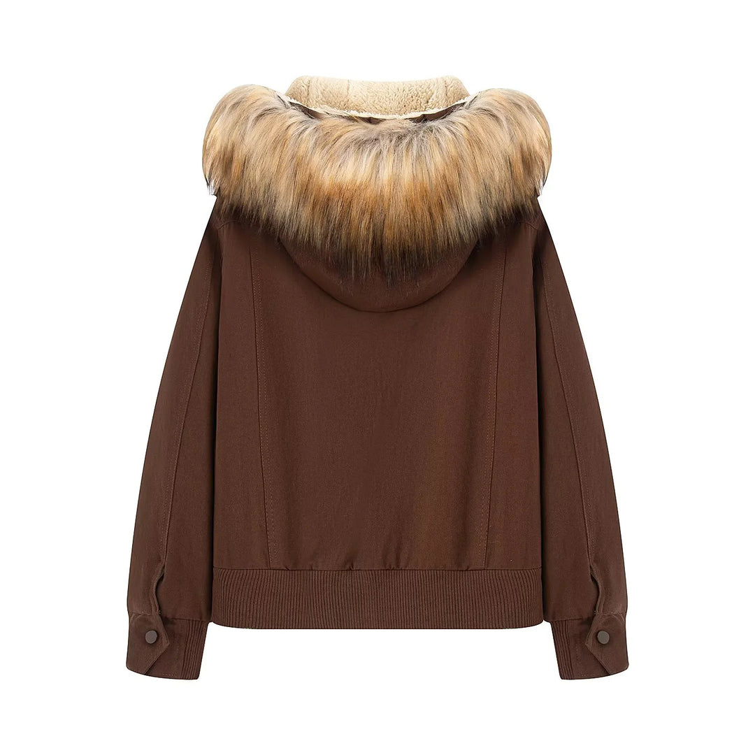 Damen nan wattierte Parka-Bomberjacke mit abnehmbarem Kunstfellbesatz an Kapuze und wärmendem Teddyfutter Drune