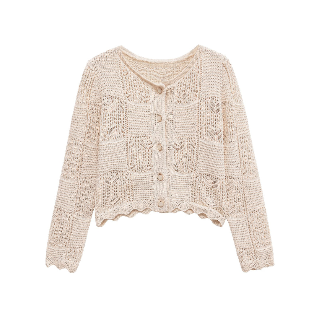 Damen Strickjacke mit filigranem Lochmuster und dekorativen Knöpfen Drune