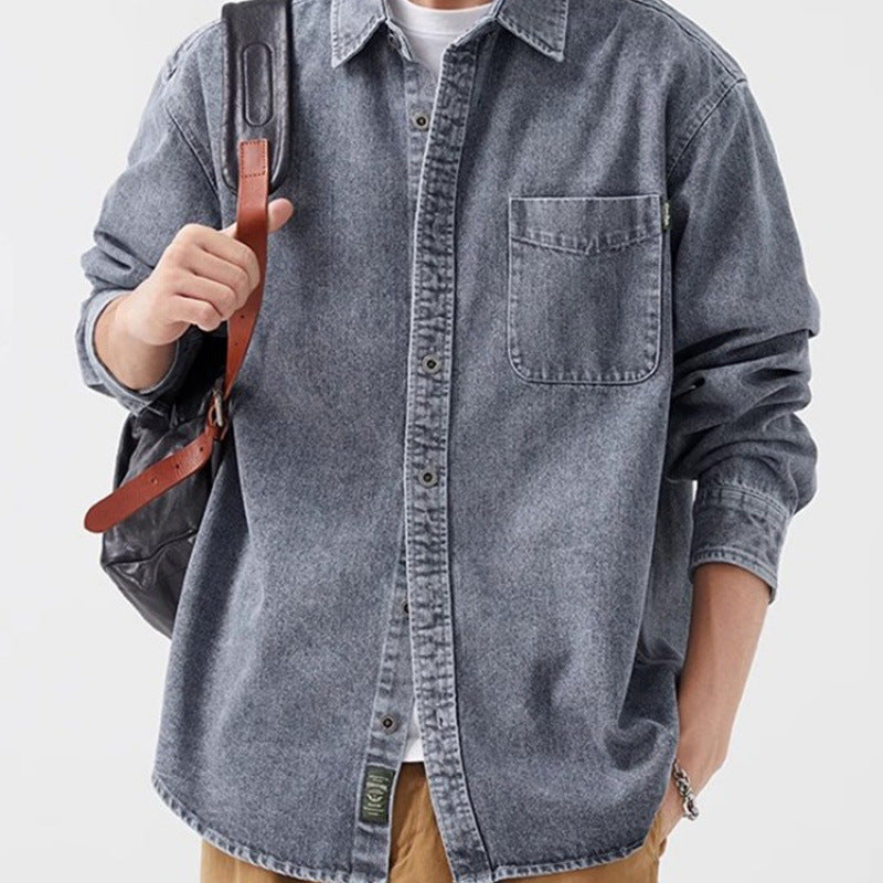 Herren lässige Denim-Hemdjacke mit aufgesetzter Tasche Drune