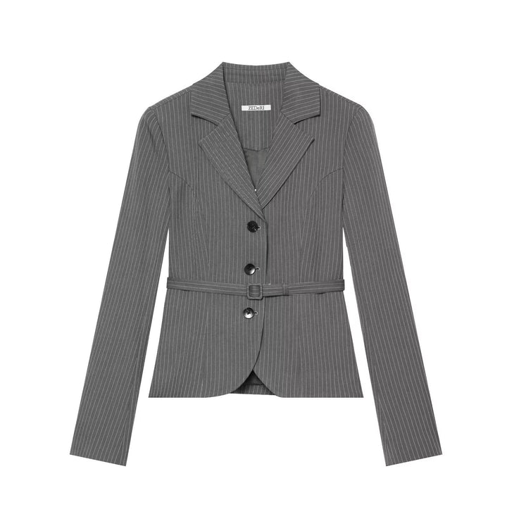 Damen Taillierter Nadelstreifen-Blazer mit Gürtel und Dreiknopfverschluss Drune