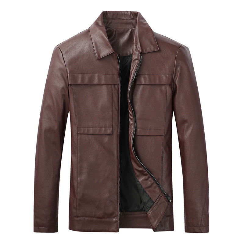 Herren Slim‑Fit Lederoptik-Truckerjacke mit Hemdkragen, verdecktem Reißverschluss und Pattentaschen Drune