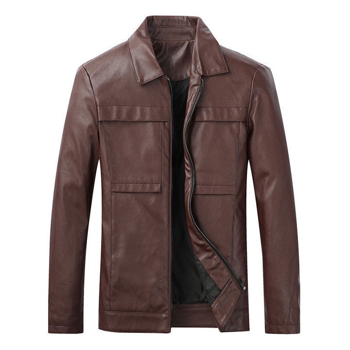 Herren Slim‑Fit Lederoptik-Truckerjacke mit Hemdkragen, verdecktem Reißverschluss und Pattentaschen Drune