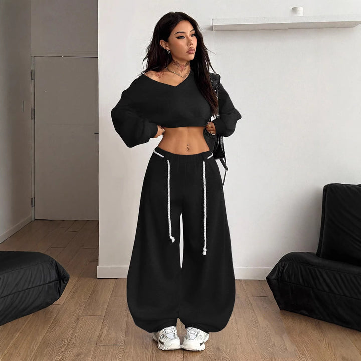 Damen lässiges Crop-Top und weite Hose Set Drune