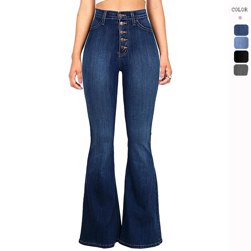 Damen High-Waist Flared Jeans mit dekorativen Knopfdetails und elastischem Bund Drune