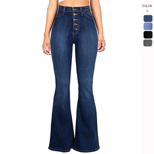 Damen High-Waist Flared Jeans mit dekorativen Knopfdetails und elastischem Bund Drune