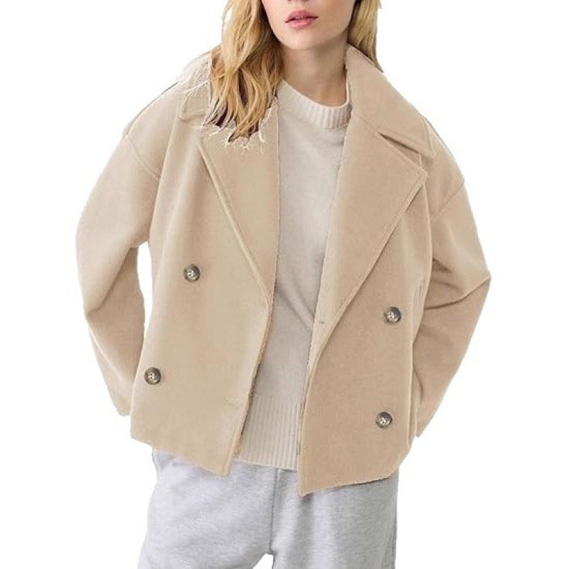 Damen Kurzer Zweireihiger Wollmix-Peacoat mit übergroßem Revers Drune