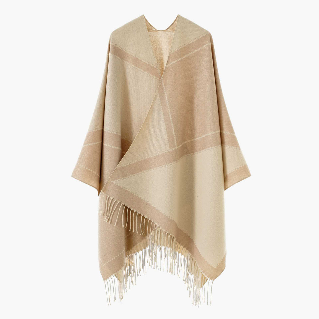 Damen Großer Wollmix Fransenponcho mit diagonalen Kontraststreifen Drune