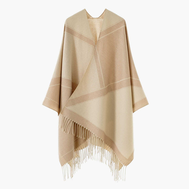 Damen Großer Wollmix Fransenponcho mit diagonalen Kontraststreifen Drune