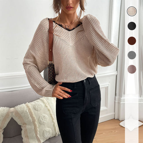 Damen Oversize V‑Ausschnitt Feinstrickpullover mit überschnittener Schulter und Rippbündchen Drune
