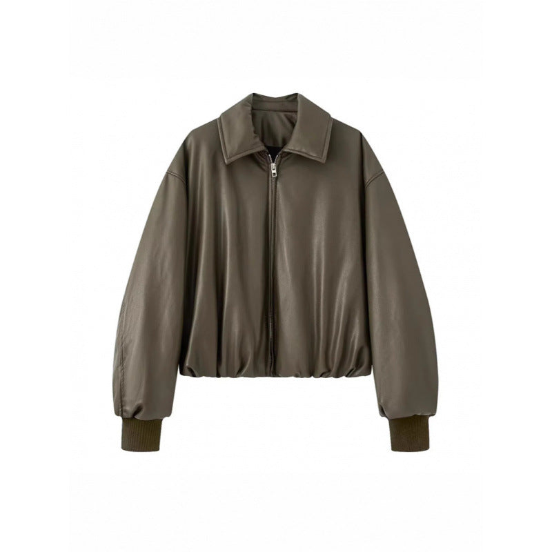 Damen lässige Boxy-Jacke aus weichem Kunstleder mit elastischem Bund Drune