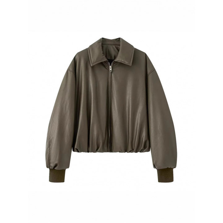 Damen lässige Boxy-Jacke aus weichem Kunstleder mit elastischem Bund Drune