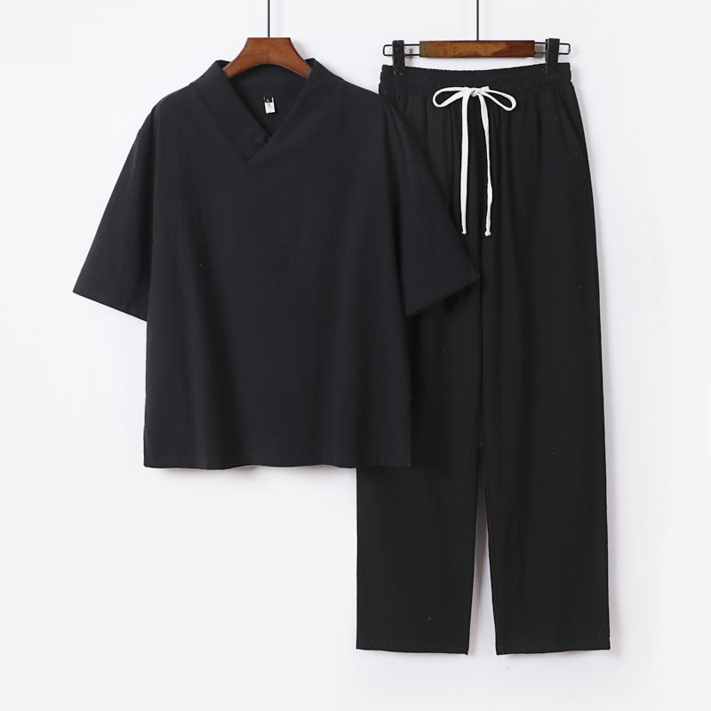 Unisex Leichtes Kimono-Loungewear-Set mit V-Ausschnitt und Tunnelzug-Hose Drune