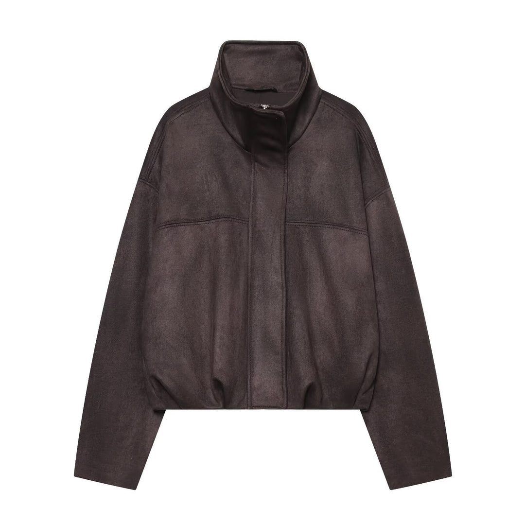 Damen Kurzblouson aus Velours‑Optik mit hohem Funnelkragen und elastischem Saum Drune