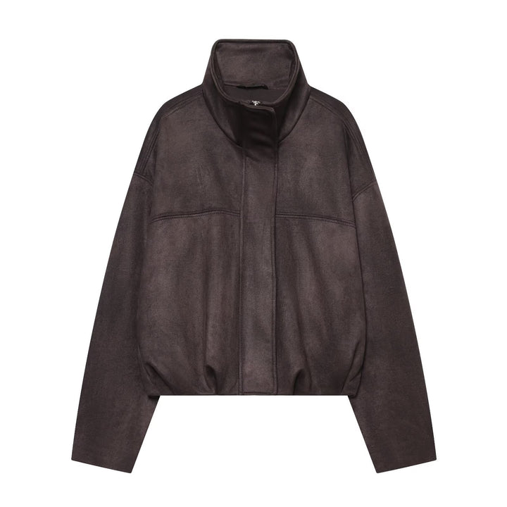 Damen Kurzblouson aus Velours‑Optik mit hohem Funnelkragen und elastischem Saum Drune